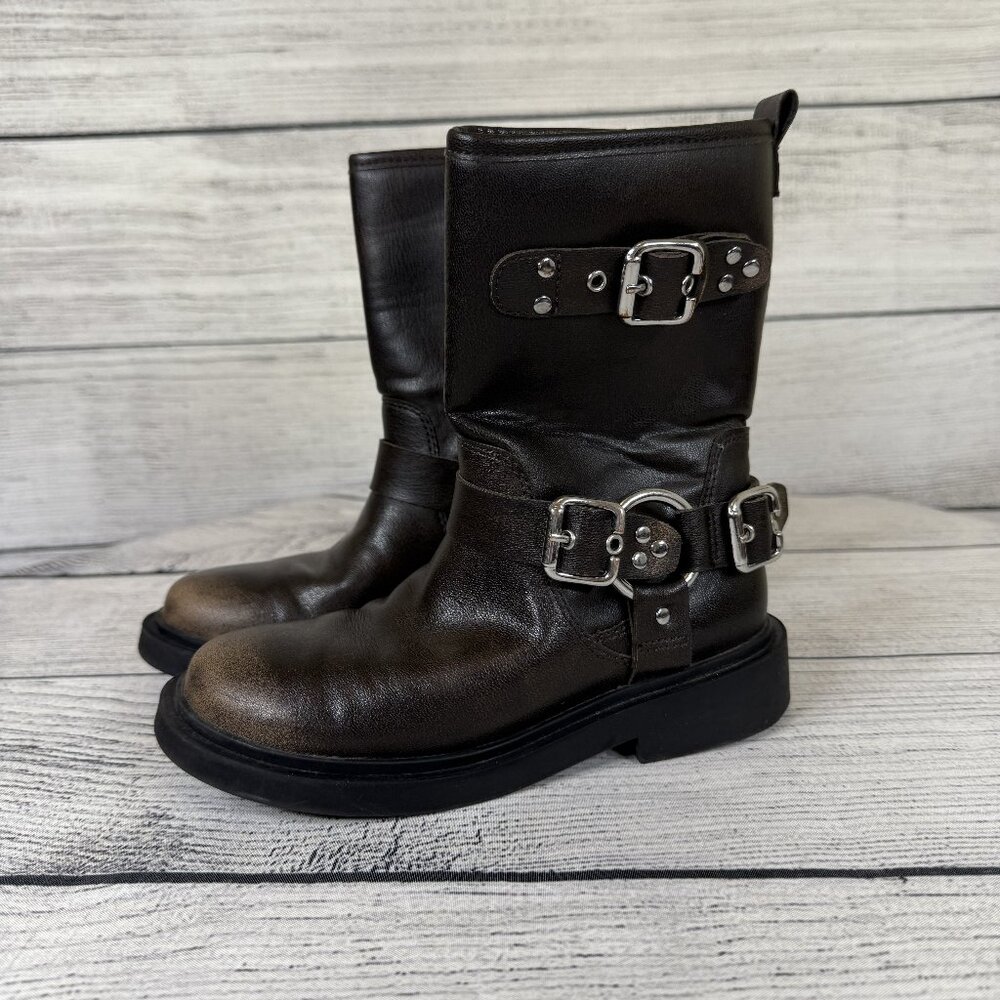 Zara Girl's Distressed Motto Biker Boots Size 32